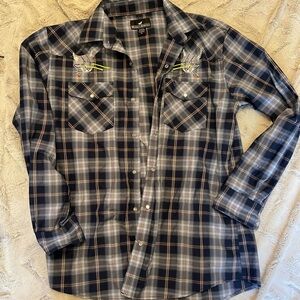 Blue and White Plaid Pearl Snap Shirt